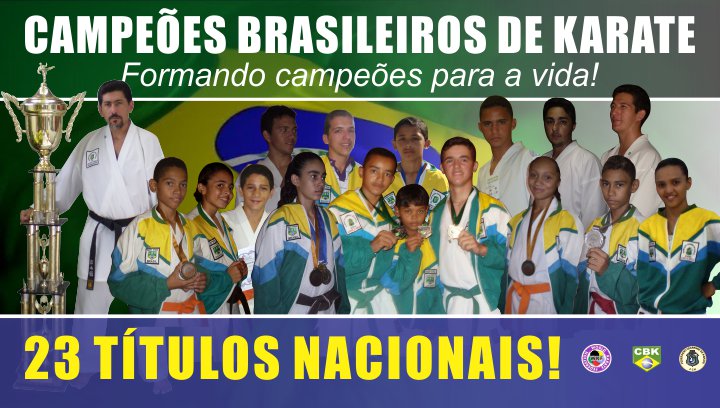 Professor Osmar Negreiros e 16 atletas jaguaribanos Campeões Brasileiros de Karate exibindo suas medalhas com a bandeira do Brasil de fundo